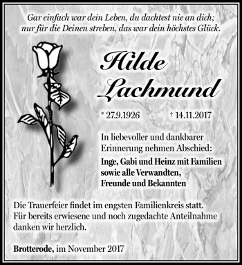 Traueranzeige von Hilde Lachmund von Südthüringer Presse