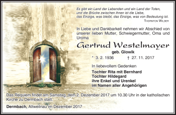 Traueranzeige von Gertrud Westelmayer von Südthüringer Presse