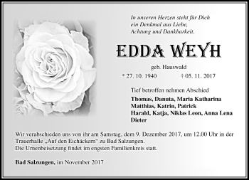 Traueranzeige von Edda Weyh von Südthüringer Presse