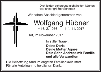 Traueranzeige von Wolfgang Hübner von Frankenpost