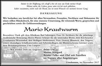 Traueranzeige von Mario Krautwurm von Südthüringer Presse