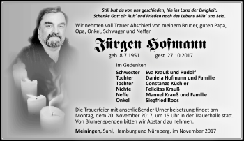Traueranzeige von Jürgen Hofmann von Südthüringer Presse