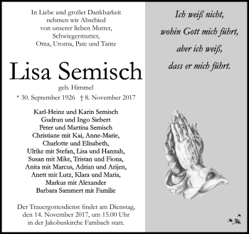 Traueranzeige von Lisa Semisch von Südthüringer Presse