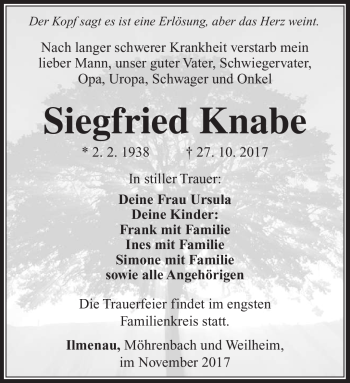 Traueranzeige von Siegfried Knabe von Südthüringer Presse