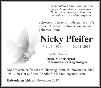 Traueranzeige von Nicky Pfeifer von Südthüringer Presse