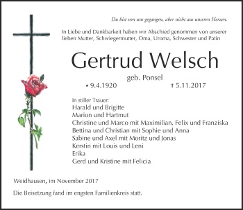 Traueranzeige von Gertrud Welsch von Neue Presse Coburg