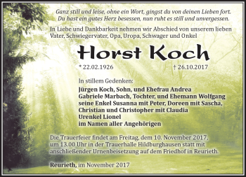 Traueranzeige von Horst Koch von Südthüringer Presse