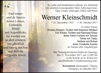 Traueranzeige von Werner Kleinschmidt von Südthüringer Presse