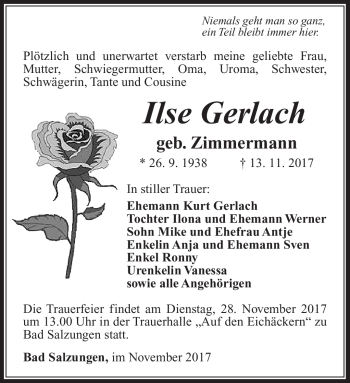 Traueranzeige von Ilse Gerlach von Südthüringer Presse
