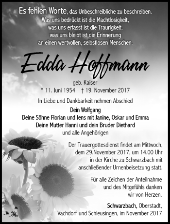Traueranzeige von Edda Hoffmann von Südthüringer Presse