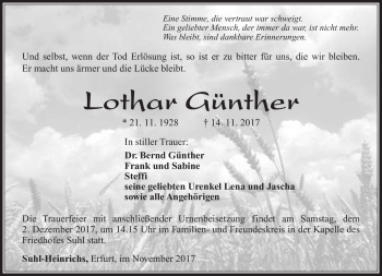 Traueranzeige von Lothar Günther von Südthüringer Presse