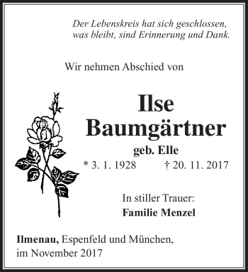 Traueranzeige von Ilse Baumgärtner von Südthüringer Presse