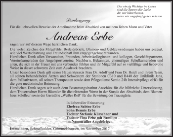 Traueranzeige von Andreas Erbe von Südthüringer Presse