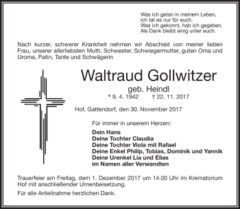 Traueranzeige von Waltraud Gollwitzer von Frankenpost
