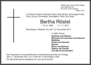 Traueranzeige von Bertha Röstel von Frankenpost
