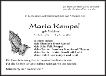 Traueranzeige von Maria Rempel von Südthüringer Presse
