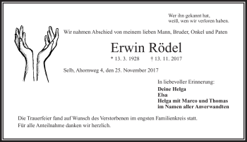 Traueranzeige von Erwin Rödel von Frankenpost