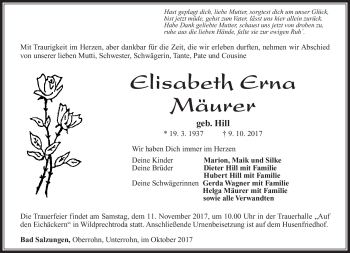 Traueranzeige von Elisabeth Erna Mäurer von Südthüringer Presse
