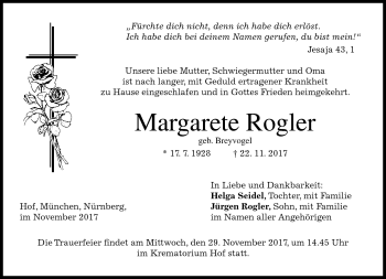Traueranzeige von Margarete Rogler von Frankenpost