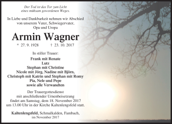 Traueranzeige von Armin Wagner von Südthüringer Presse