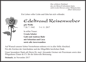Traueranzeige von Edeltraud Reisenweber von Südthüringer Presse
