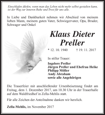 Traueranzeige von Klaus Dieter Preller von Südthüringer Presse