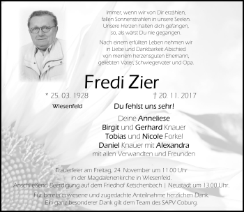 Traueranzeige von Fredi Zier von Neue Presse Coburg