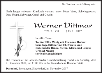 Traueranzeige von Werner Dittmar von Südthüringer Presse