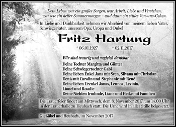 Traueranzeige von Fritz Hartung von Südthüringer Presse