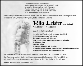 Traueranzeige von Rita Leister von Südthüringer Presse