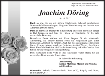 Traueranzeige von Joachim Döring von Südthüringer Presse