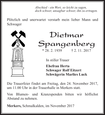 Traueranzeige von Dietmar Spangenberg von Südthüringer Presse