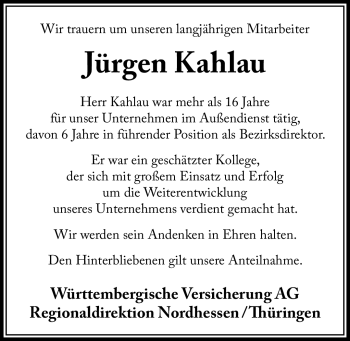 Traueranzeige von Jürgen Kahlau von Südthüringer Presse