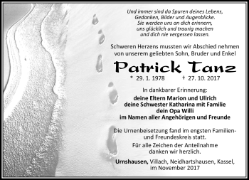 Traueranzeige von Patrick TAnz von Südthüringer Presse
