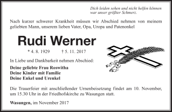 Traueranzeige von Rudi Werner von Südthüringer Presse