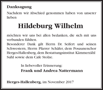 Traueranzeige von Hildeburg Wilhelm von Südthüringer Presse