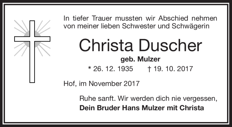  Traueranzeige für Christa Duscher vom 18.11.2017 aus Frankenpost