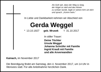Traueranzeige von Gerda Weggel von Nordbayrischer Kurier