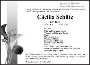 Traueranzeige von Cäcilia Schütz von Südthüringer Presse