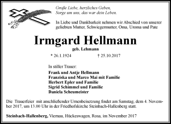 Traueranzeige von Irmgard Hellmann von Südthüringer Presse
