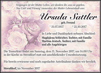 Traueranzeige von Ursula Sattler von Südthüringer Presse