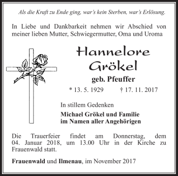 Traueranzeige von Hannelore Grökel von Südthüringer Presse