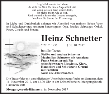 Traueranzeige von Heinz Schnetter von Südthüringer Presse