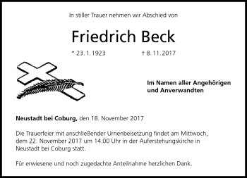 Traueranzeige von Friedrich Beck von Neue Presse Coburg