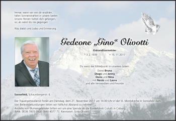 Traueranzeige von Gedeone Olivotti von Neue Presse Coburg