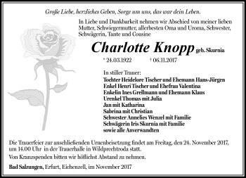 Traueranzeige von Charlotte Knopp von Südthüringer Presse