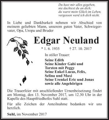 Traueranzeige von Edgar Neuland von Südthüringer Presse