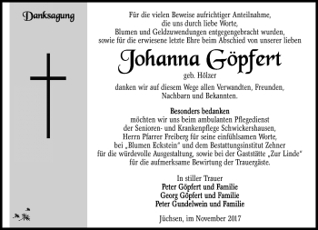 Traueranzeige von Johanna Göpfert von Südthüringer Presse