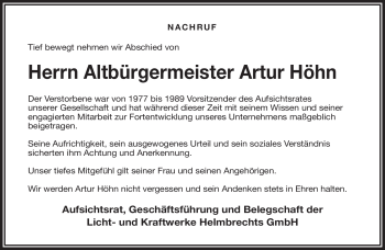 Traueranzeige von Artur Höhn von Frankenpost