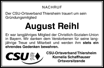 Traueranzeige von August Reihl von Frankenpost